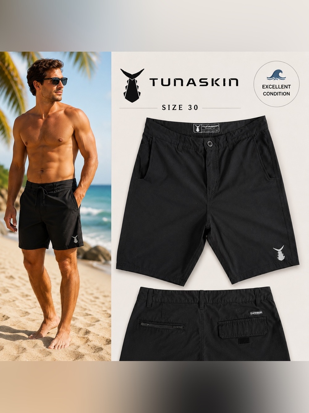 Tunaskin Boardshorts Mens 30 Black Surf Beach Fishing Hybrid Shorts Performance
